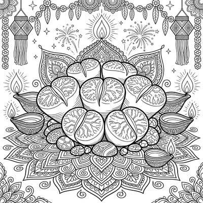 Discover a truly unique coloring experience with this Lithops succulent and Diwali festival fusion design. This intricate page blends the serene beauty of living stones with the vibrant spirit of the festival of lights, perfect for mindful coloring.