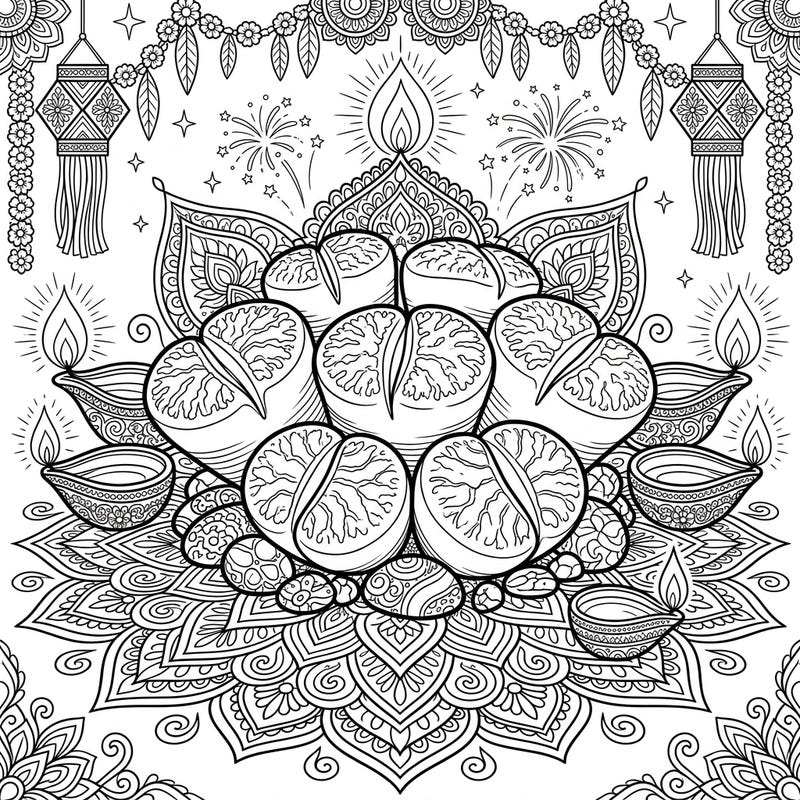 Discover a truly unique coloring experience with this Lithops succulent and Diwali festival fusion design. This intricate page blends the serene beauty of living stones with the vibrant spirit of the festival of lights, perfect for mindful coloring.