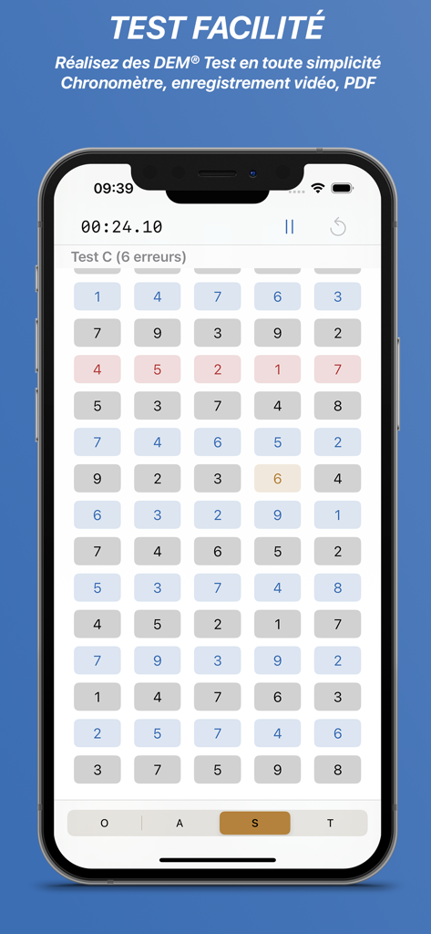 Easy DEM - Easy DEM app interface showing a grid of numbers and a timer for professional eye movement testing.