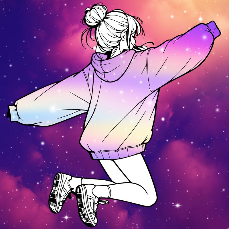 realistic girl jumping with a bun and oversized sweatshirt