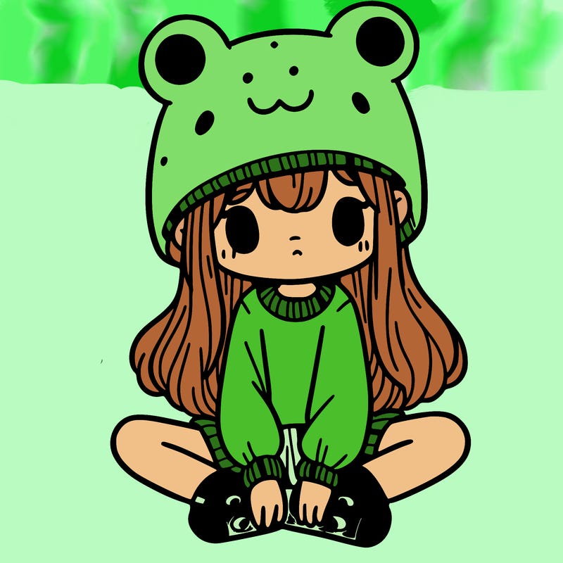 a girl wearing a frog hat and some frog socks