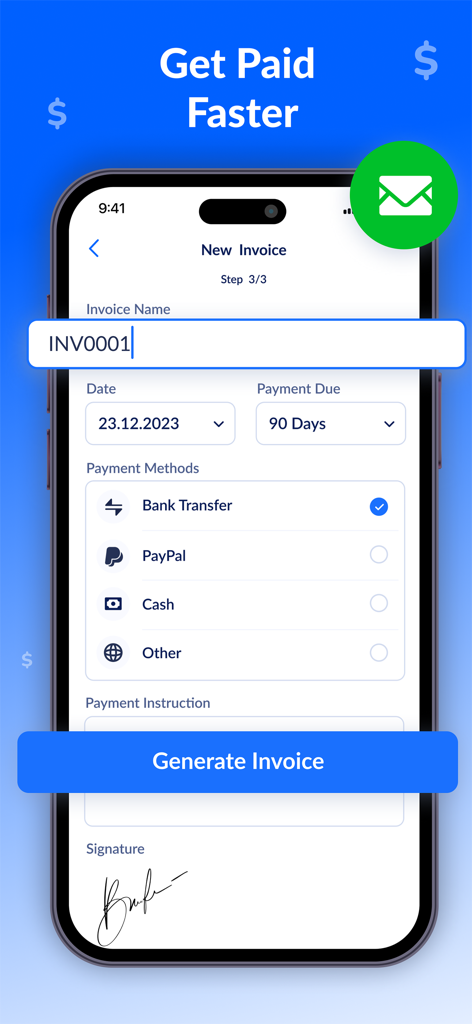 Invoice Maker - Generator App - Tela de celular mostrando a configuração de uma nova fatura com métodos de pagamento como transferência bancária e paypal e um campo de assinatura digital