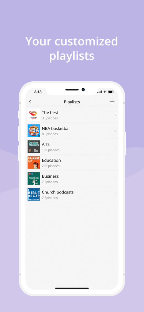Podbean Podcast App & Player - Ein Smartphone-Bildschirm zeigt eine Liste benutzerdefinierter Podcast-Playlists in der Podbean App-Oberfläche.