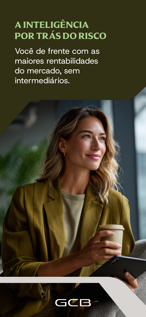 A professional woman holding a tablet and a coffee cup representing a smart investor for the GCB Investimentos app