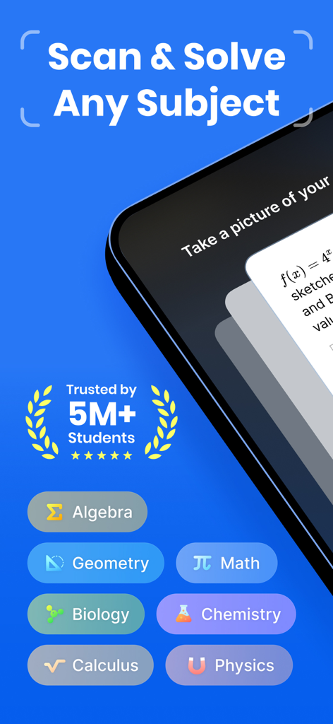 Interfaz de la aplicación Solvely que muestra la función de escanear y resolver para materias como álgebra, biología y química, utilizada por cinco millones de estudiantes