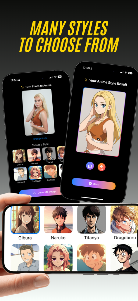 AI Anime Filter - TurnAnime - Interface of the TurnAnime app showing various anime filter styles and a transformation result of a portrait into anime art.