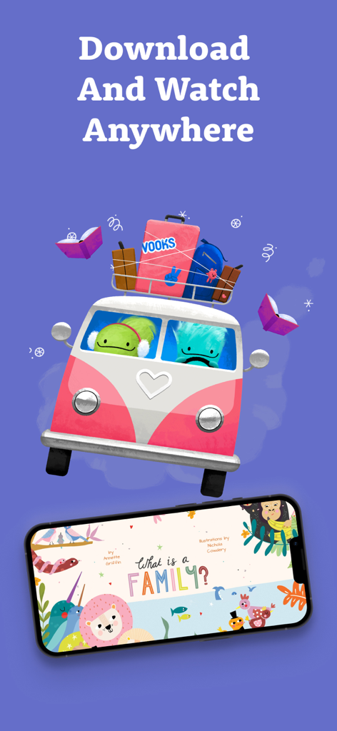 Un'illustrazione di un furgone da viaggio con bagagli accanto a uno smartphone che mostra una storia Vooks intitolata What is a Family.