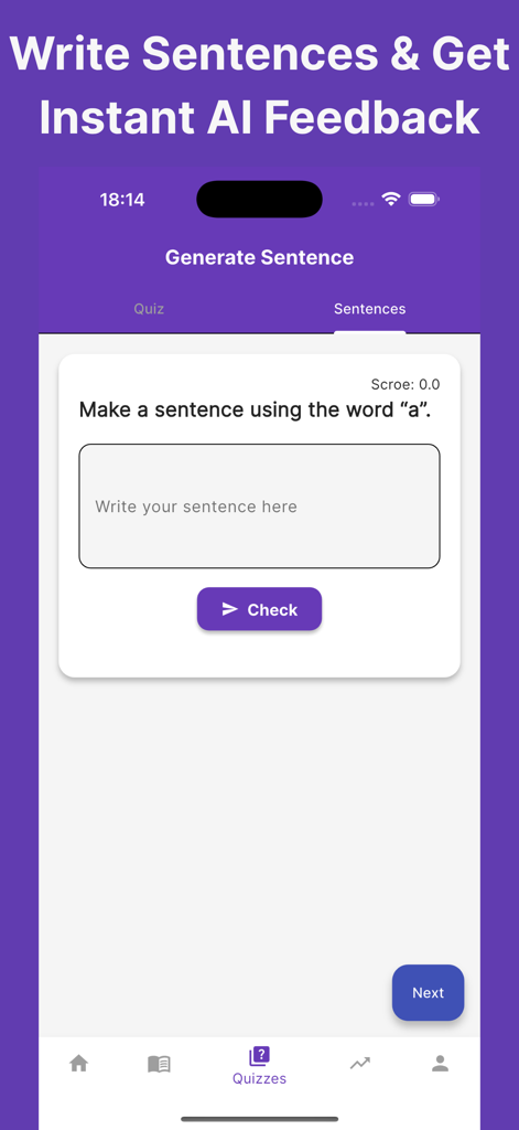 VocabHero: Learn English Fast - VocabHero app screen for writing sentences with instant AI feedback