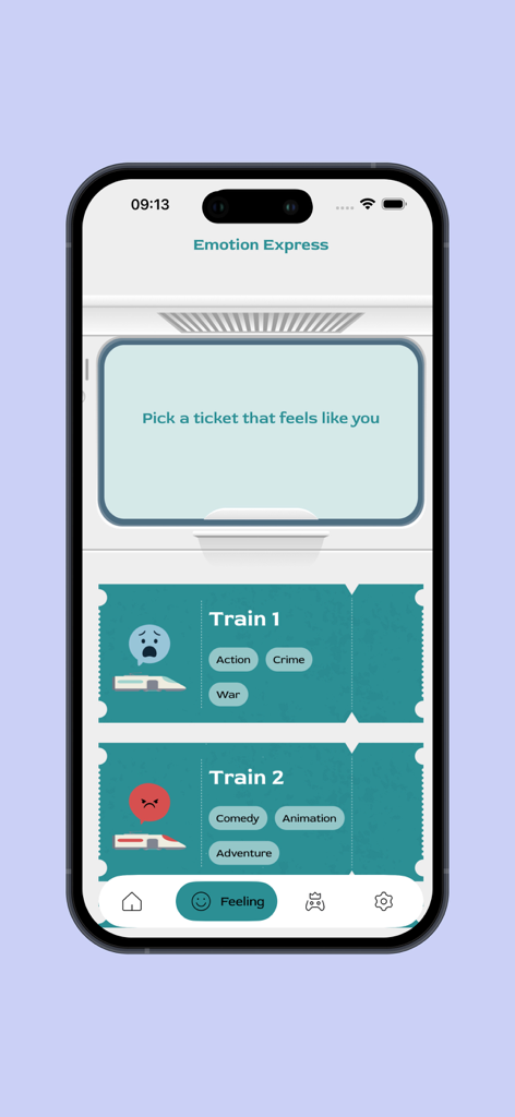 Cine Moodアプリのインターフェース。気分に基づいた映画ジャンルチケットを表示するEmotion Express機能を示しています。