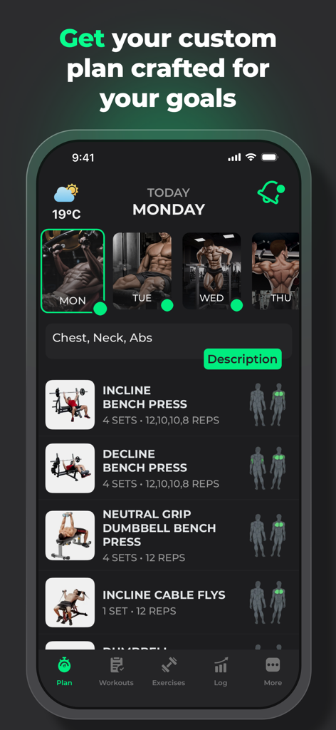 Pantalla de la aplicación ProFit Workout Planner que muestra una rutina de gimnasio diaria personalizada para pecho y abdominales