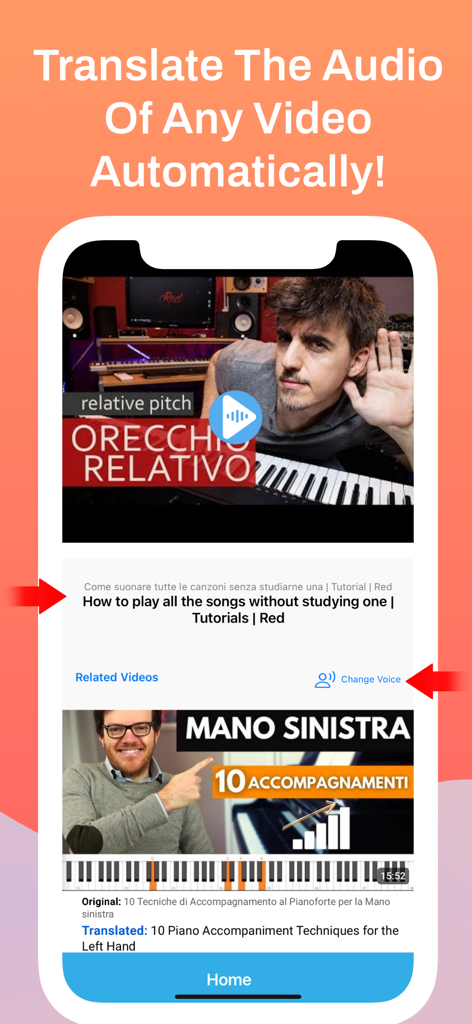 FyDub - YT Video Translator - Interface do aplicativo FyDub mostrando tradução automática de áudio de vídeo e tradução de títulos para vídeos do YouTube