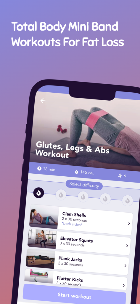 Mini Band Exercises - Mini Band Exercises app screen displaying a Glutes Legs and Abs workout routine