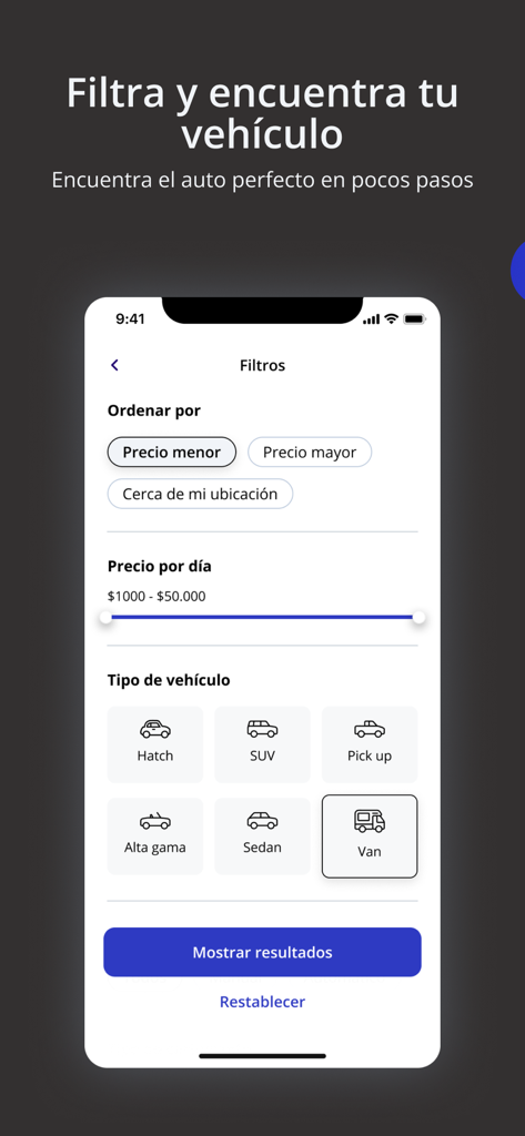 TripWip - Alquiler de Autos - TripWip mobile app interface showing search filters for car rental sorting by price and vehicle type categories