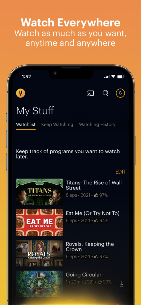 CuriosityStream - Interface do aplicativo móvel CuriosityStream mostrando uma lista de observação personalizada de programas documentais