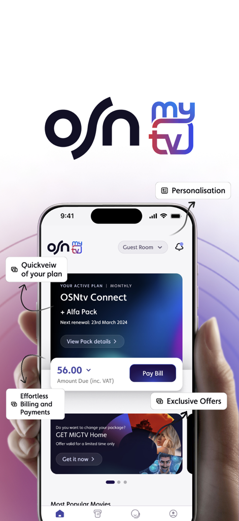 A smartphone displaying the myOSNtv app interface with billing and plan management options