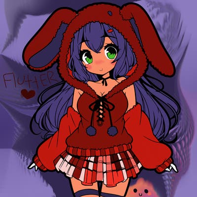 pretty anime girl wearing a fluffy hoodie with bunny ears on the hood and a skirt