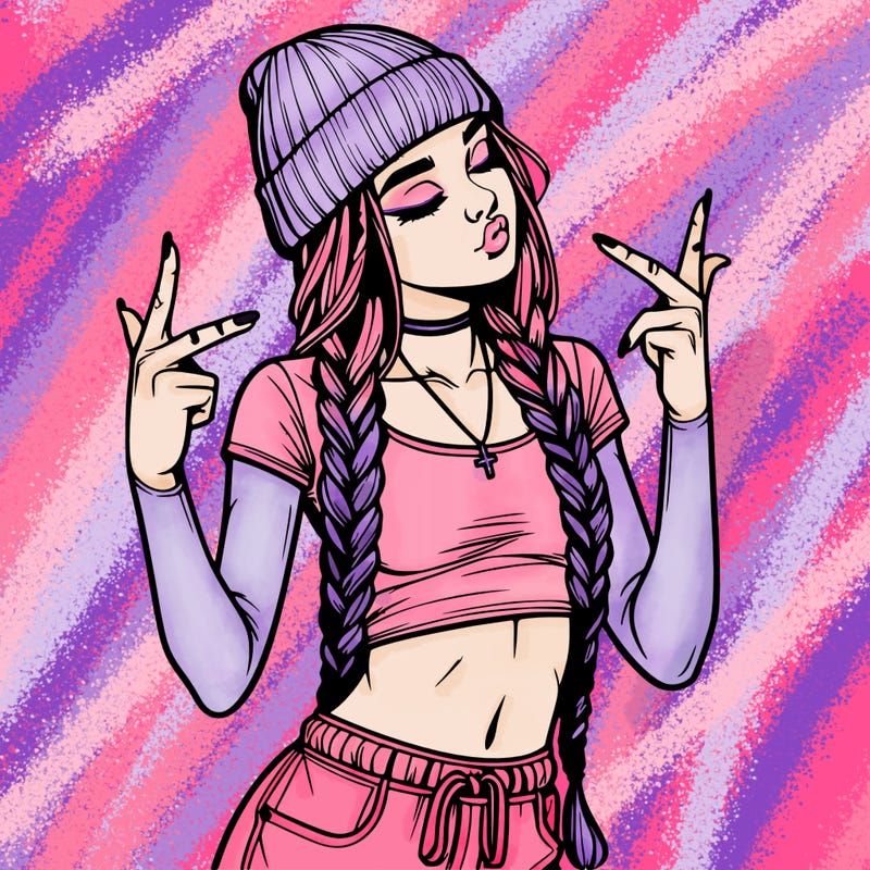 realistic teenage girl with braids and a beanie and crop top doing 🫶🏼