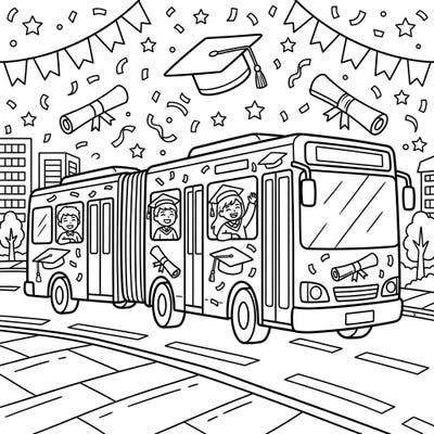 Hop aboard this cheerful articulated bus, specially decorated for a momentous Graduation Day celebration. Young graduates wave happily amidst falling confetti and diplomas, ready for new adventures.