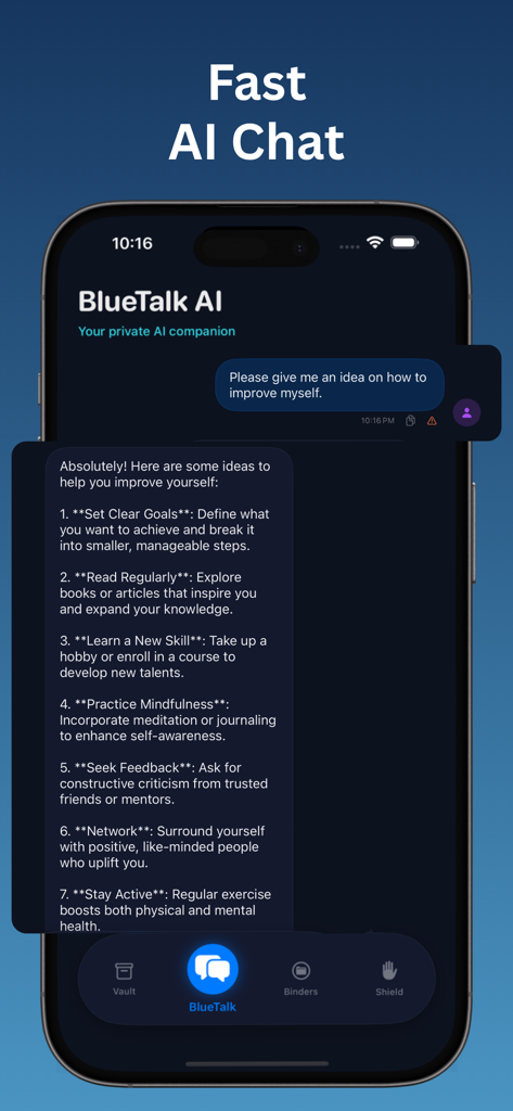 BlueTalk AI - BlueTalk AI mobile app showing a private local chat conversation with a list of self-improvement tips.