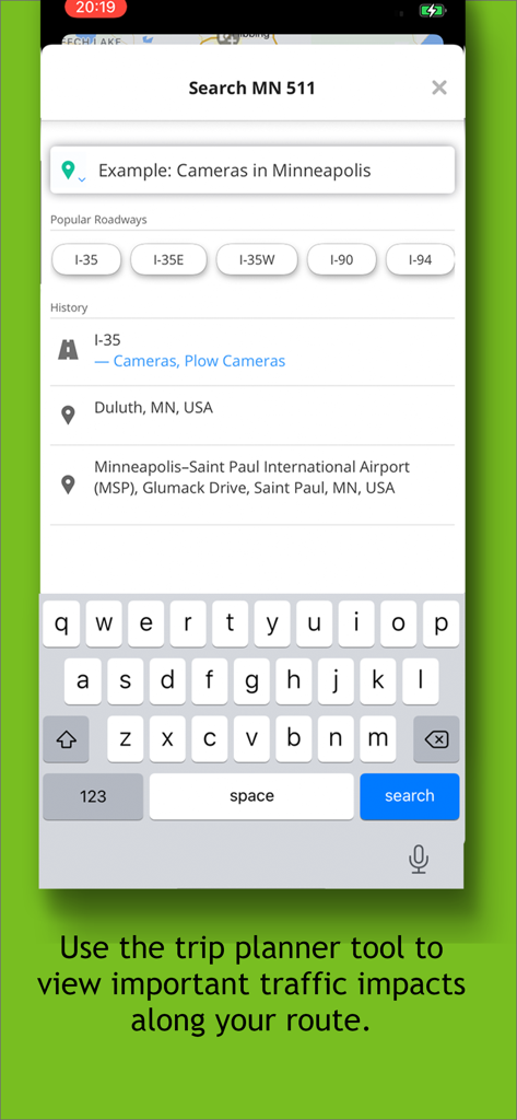 The search interface of the Minnesota 511 app displaying popular highways and recent travel search history
