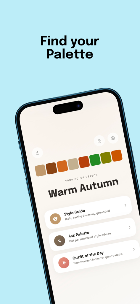 Palette - Color Analysis - Una pantalla de smartphone que muestra la aplicación Palette con un resultado de análisis de color Otoño Cálido y recomendaciones de estilo personalizadas.