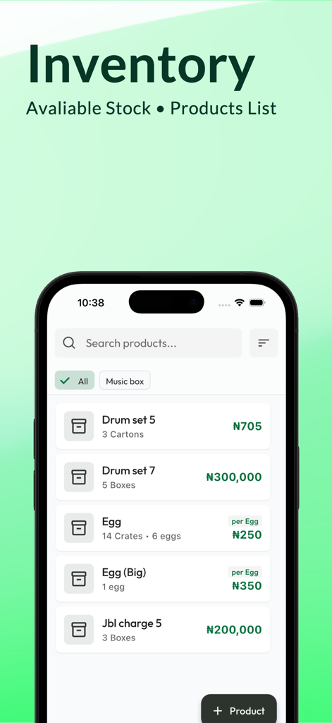 Zuru-Inventory & Sales Manager - Zuru mobile app interface showing inventory list with available stock and product prices