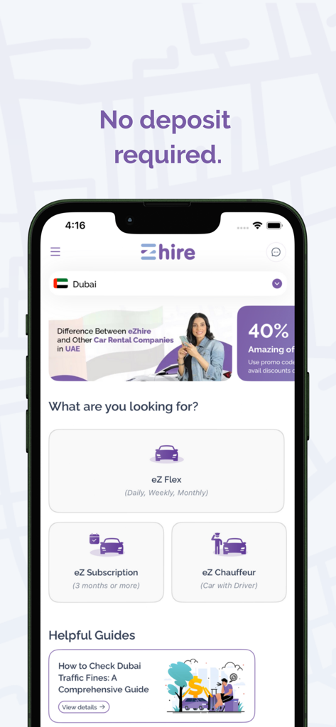 eZhire Car Rental | No Deposit - eZhire mobile app interface showing car rental options with no deposit required