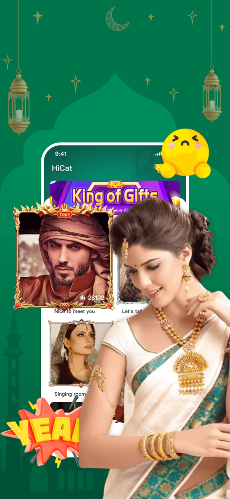 HiCat Chat - Tela do aplicativo móvel HiCat Chat exibindo perfis de usuário com molduras decorativas e um banner de classificação do Rei dos Presentes