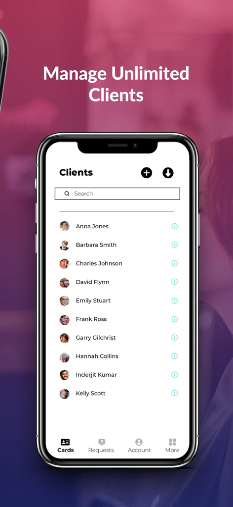 Salon Card For Hair & Beauty - Schermata dell'iPhone che mostra l'elenco di gestione clienti dell'app Salon Card con nomi e foto profilo.