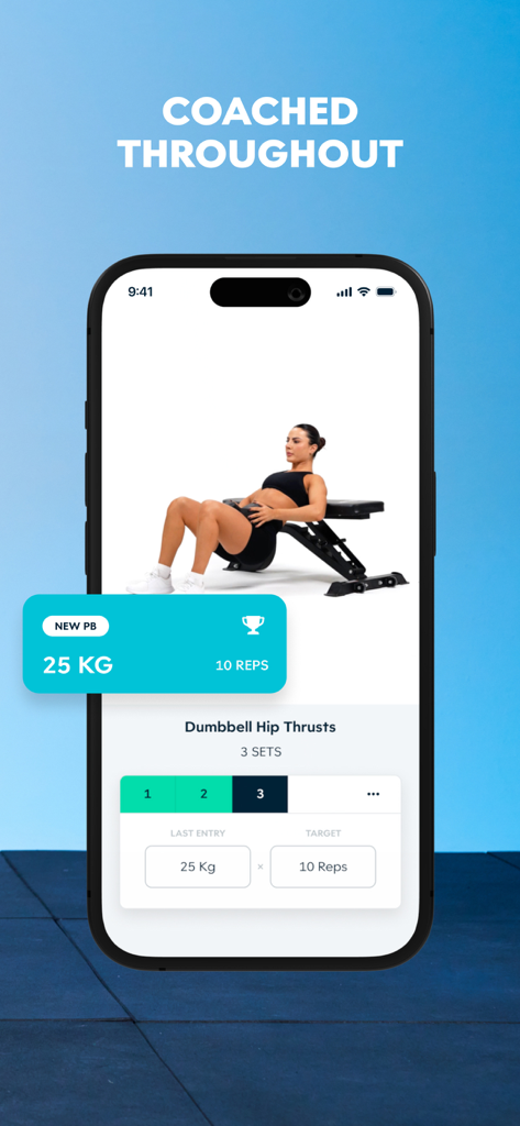 EvolveYou: Strength For Women - EvolveYou app interface showing a woman performing dumbbell hip thrusts with integrated weight and rep tracking.