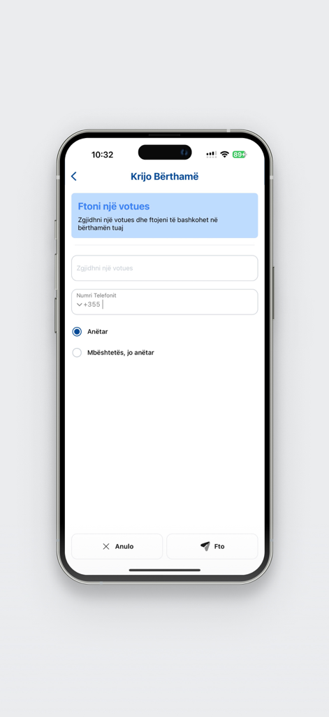Mundësia - The invite voter screen in the Mundesia app showing fields for phone number and membership type to create a political core group.