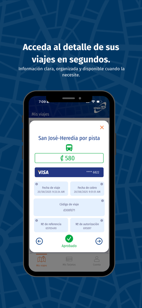 SINPE-TP: Pasajero - Mobile screen of the SINPE-TP Pasajero app displaying detailed payment information for a bus trip in Costa Rica including route and fare