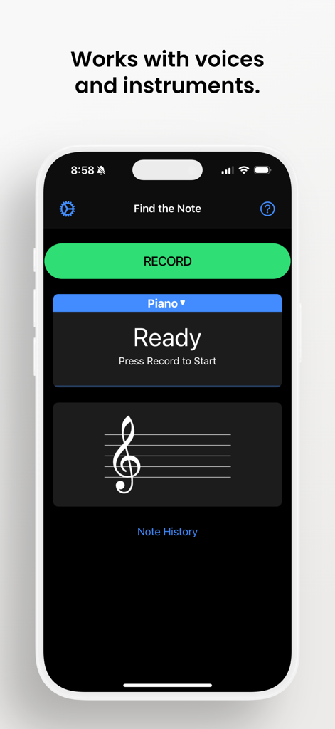 Find the Note - Interface of the Find the Note app showing the record button and a treble clef for piano tuning