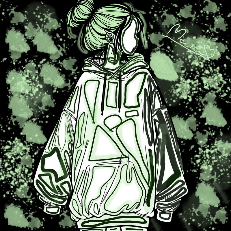 realistic girl with a oversized sweatshirt on and a bun