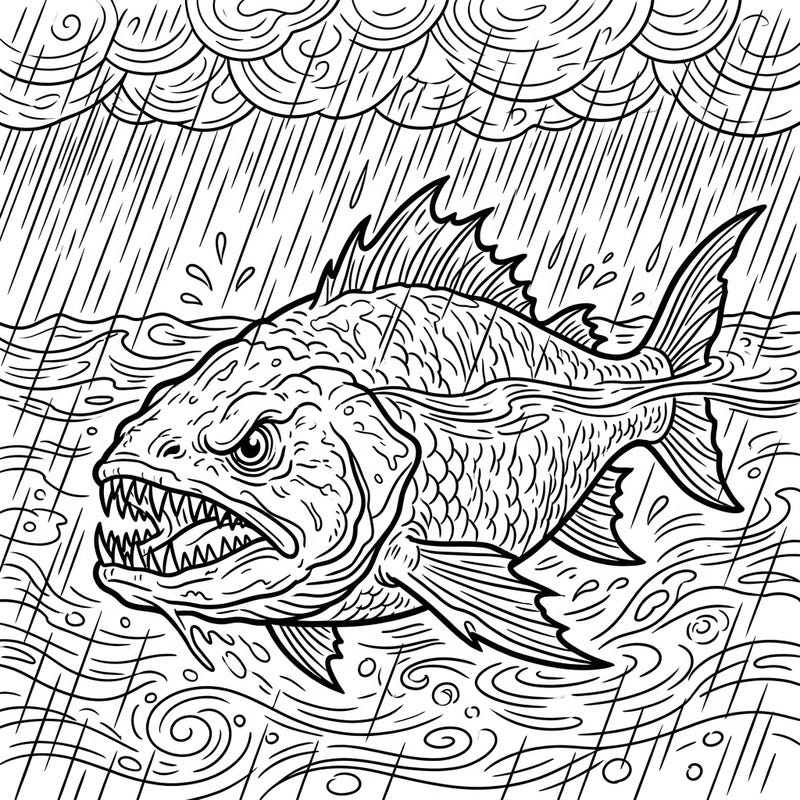 Encounter the formidable power of a gargantuan fish navigating a dramatic rainy day storm in this thrilling coloring page. Bring this epic battle against the elements to life with your most vibrant hues and creative shading.