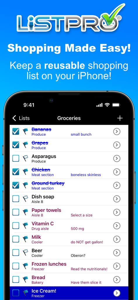 ListPro - ListPro app displaying a detailed grocery shopping list on an iPhone screen
