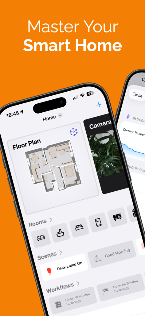 Interface of the Controller for HomeKit app showing a digital floor plan and various smart home control widgets