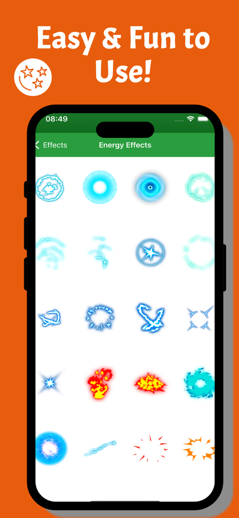 Dragon FX Anime Photo Editor - A menu showing various anime energy and fire effects within the Dragon FX app