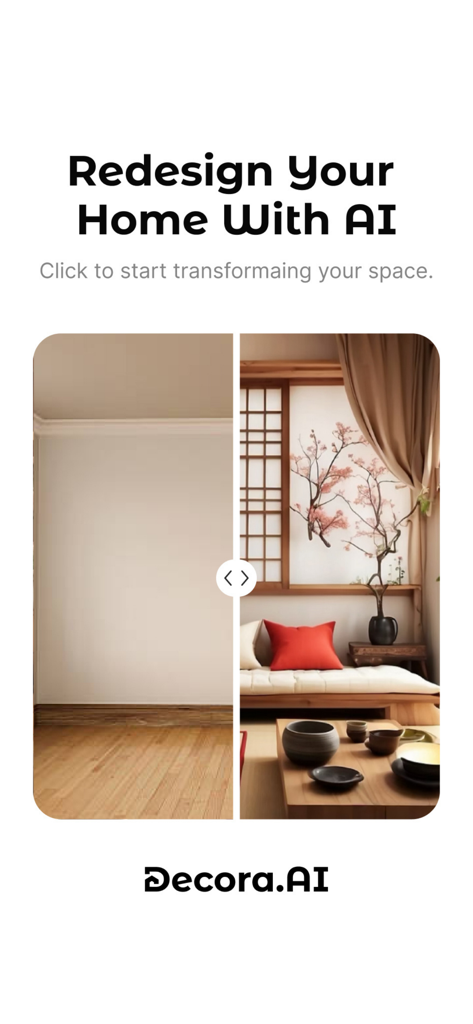 Decora AI: AI Room Designer - Before and after split screen of an empty room redesigned with AI in a Japanese style