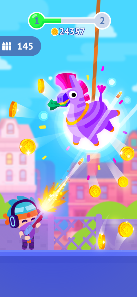 Pinatamasters - Pinatamasters에서 보라색 얼룩말 피냐타를 쏘고 코인이 폭발하는 만화 캐릭터