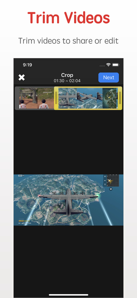 RecordX画面録画アプリのインターフェイス。ゲームクリップ付きのビデオトリミングおよびクロッピング機能が表示されています。