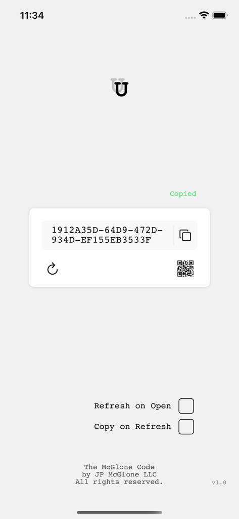 Pantalla de la app UU que muestra un UUID generado con opciones para copiar y actualizar.