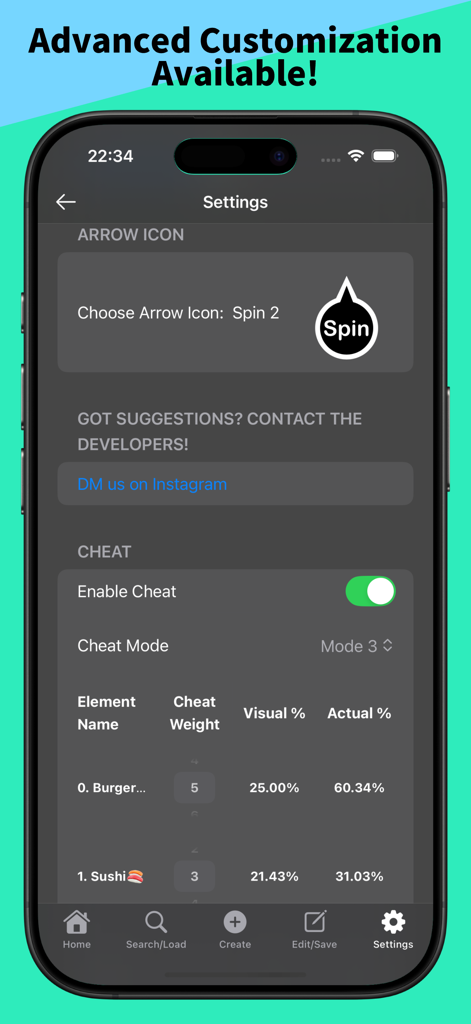 Settings screen of the Unfair Wheel app showing cheat mode configuration and adjusted element weights