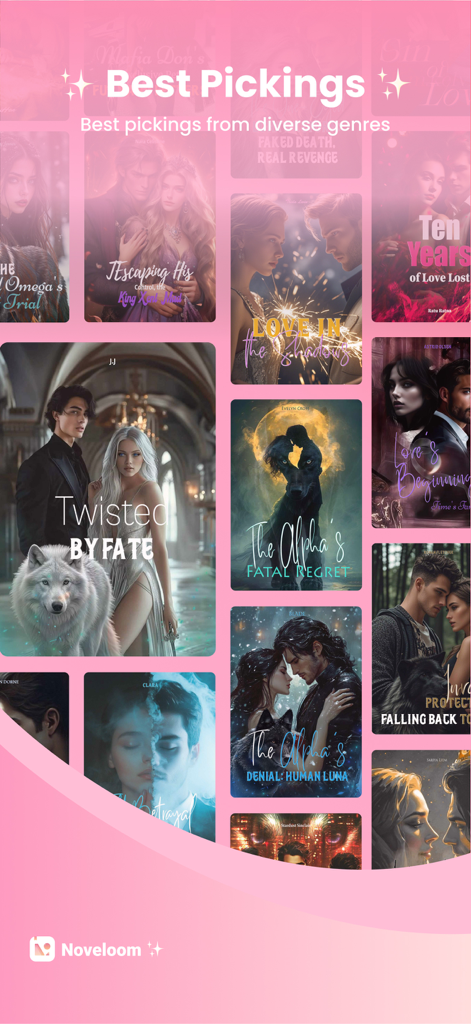 A curated collection of romance and werewolf webnovel covers on the Noveloom app.
