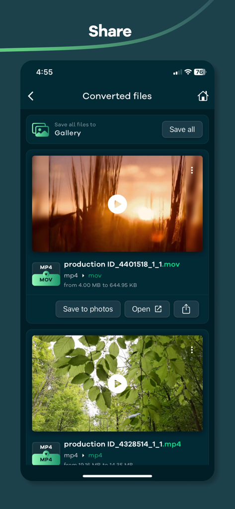 Share screen displaying converted and compressed video files ready to be saved or shared