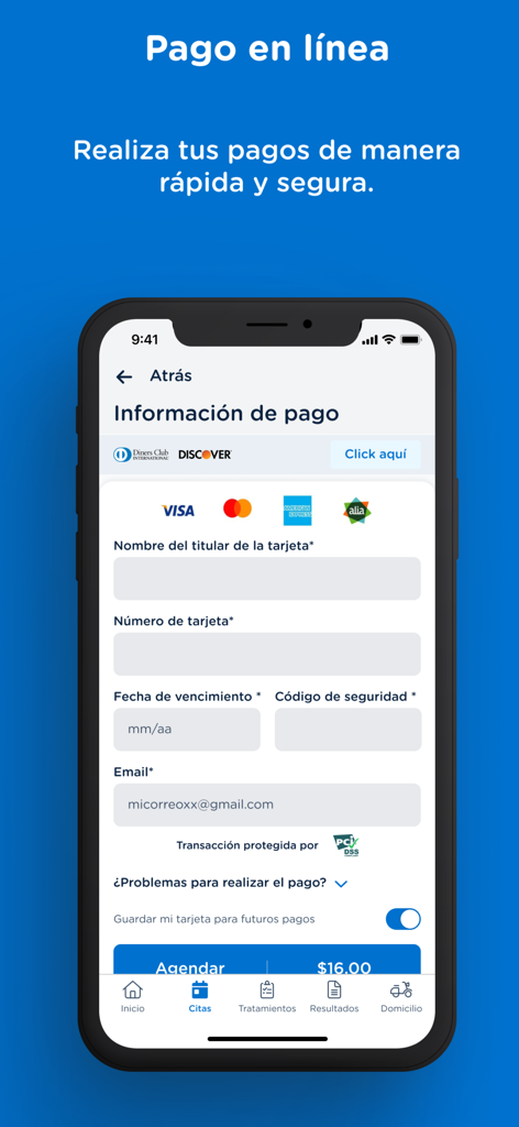 Mi Veris - Pantalla segura de pago en línea para citas médicas en la aplicación Mi Veris