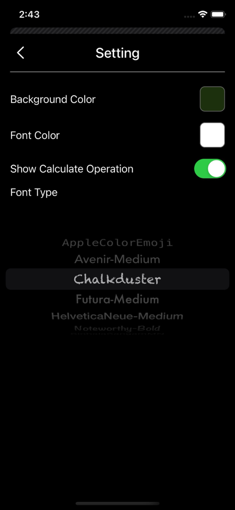 Plus Minus Calculator - Tela de configurações do aplicativo Calculadora Mais Menos mostrando opções de cor de fundo, cor da fonte e seleção de tipo de fonte.
