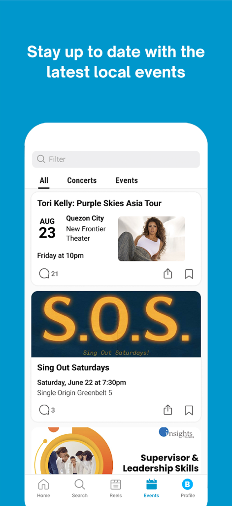 Uma tela de celular do aplicativo Philstar apresentando uma lista de eventos e shows locais nas Filipinas.