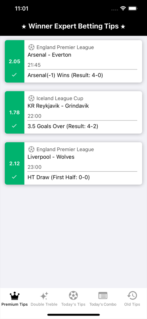 Screenshot of Winner Expert Betting Tips app showing premium soccer betting predictions with winning results