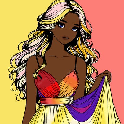 realistic girl in flowy silky prom dress